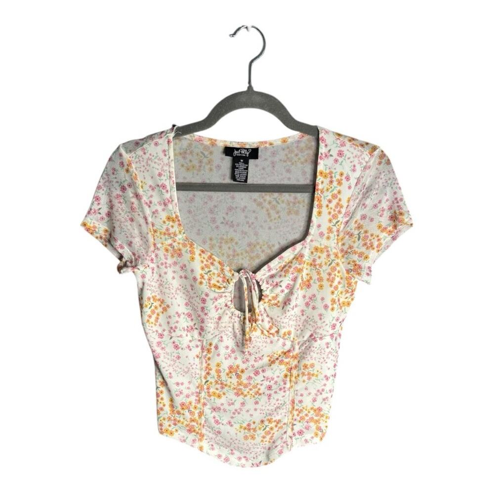 Just Polly White Yellow Floral Short Sleeve Cropped Top Small Keyhole Medium